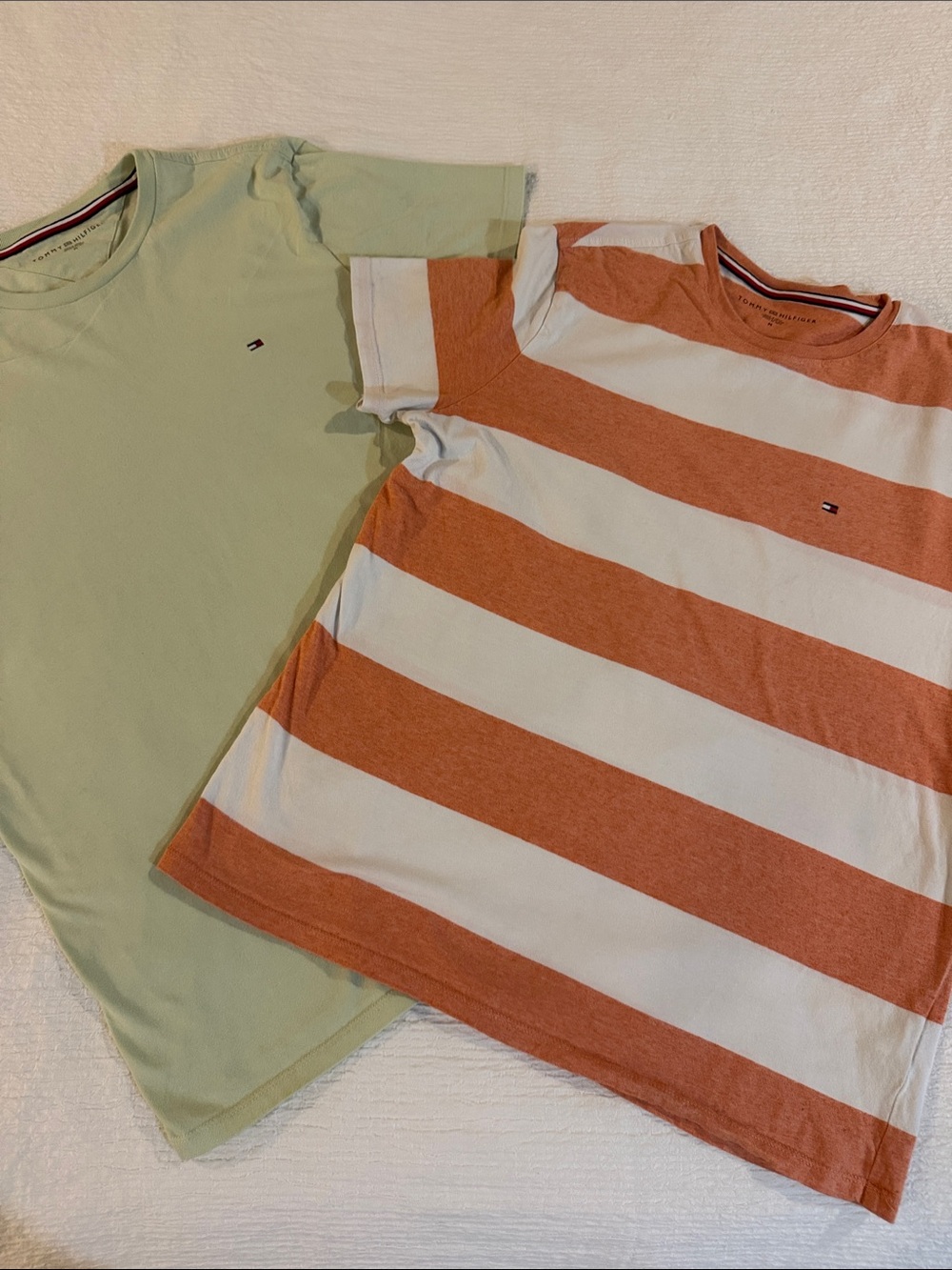 2 Tommy Hilfiger T shirts Orange and White Striped &Light Green Crewneck Tee